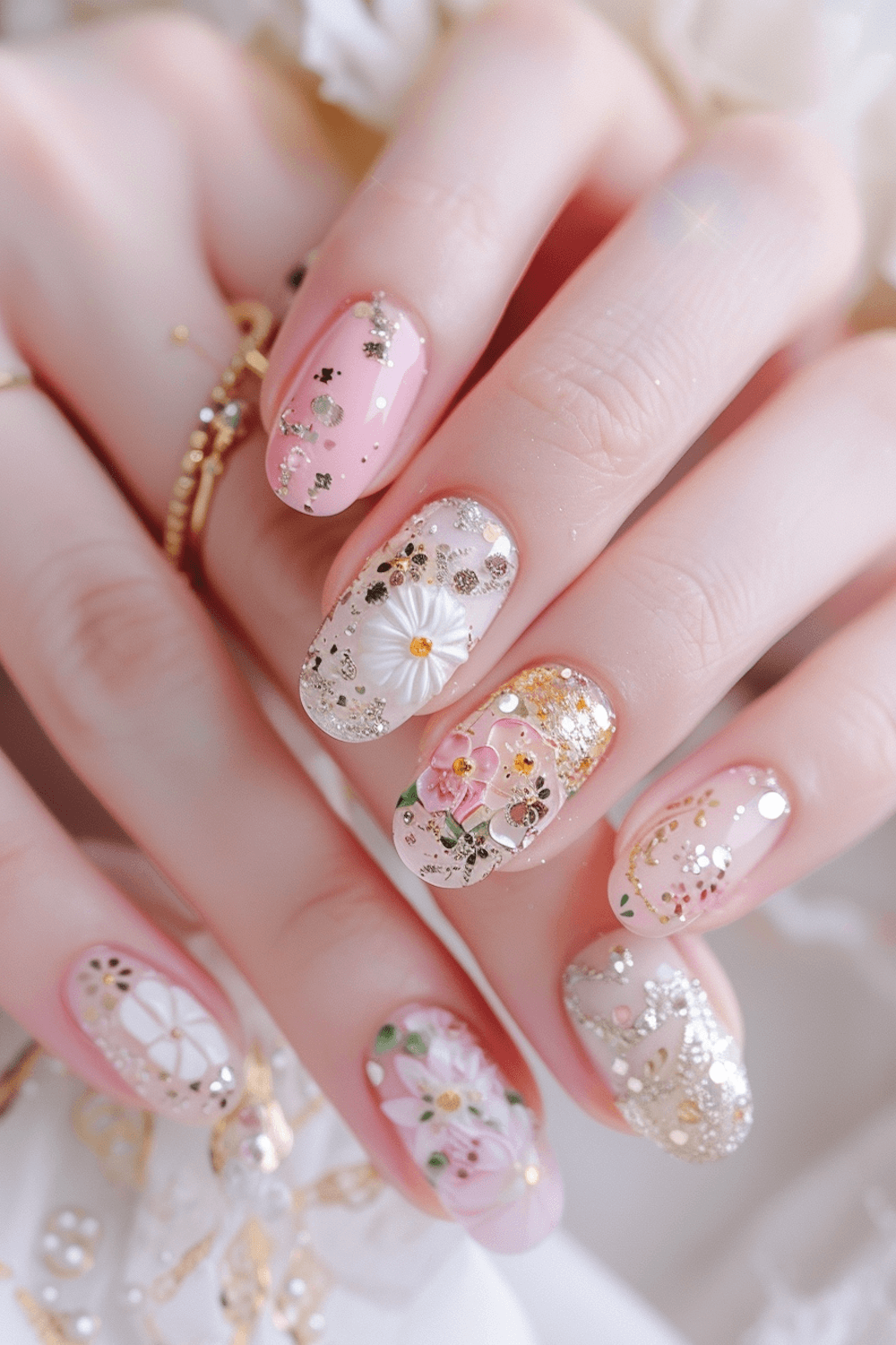 Uñas con capping gel rosado, glitter dorado y flores en relieve