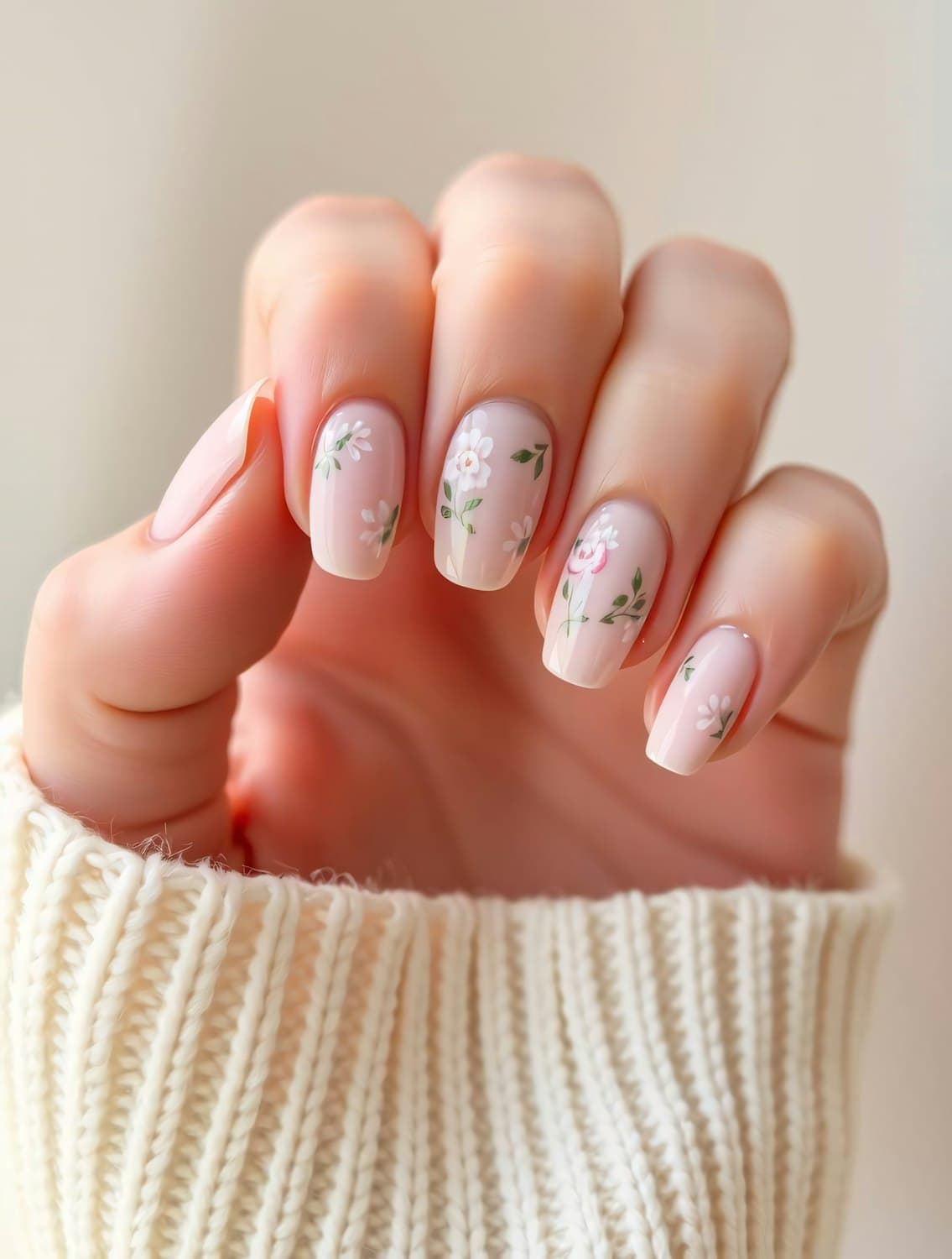 Manicura en tono rosa nude con flores blancas pintadas a mano