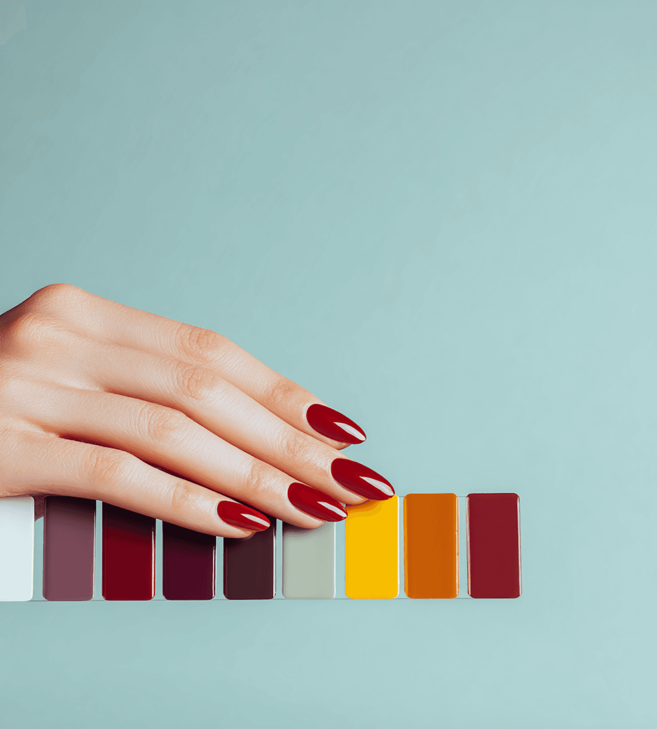 Mano con uñas almendradas en rojo intenso junto a una carta de colores